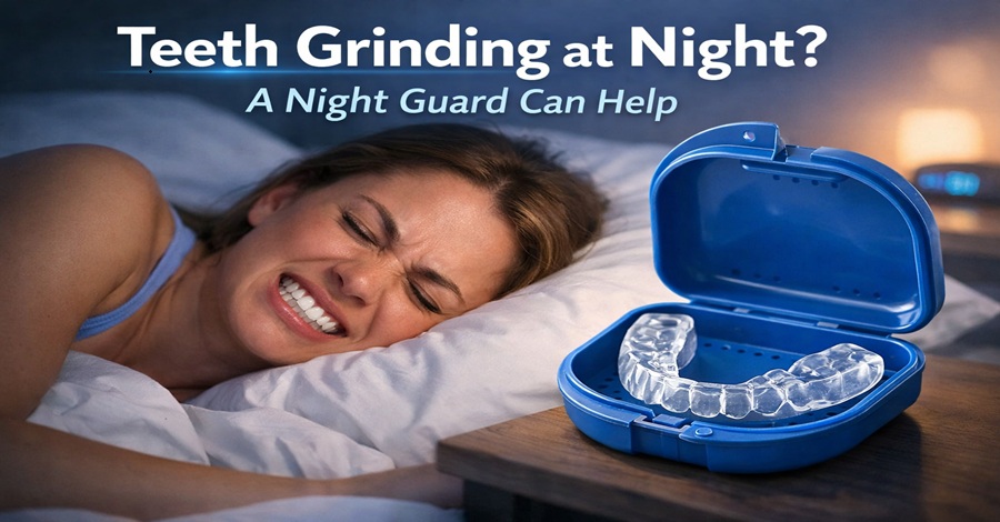 Person experiencing teeth grinding at night with a night guard in a case on the bedside table, illustrating protection against bruxism.