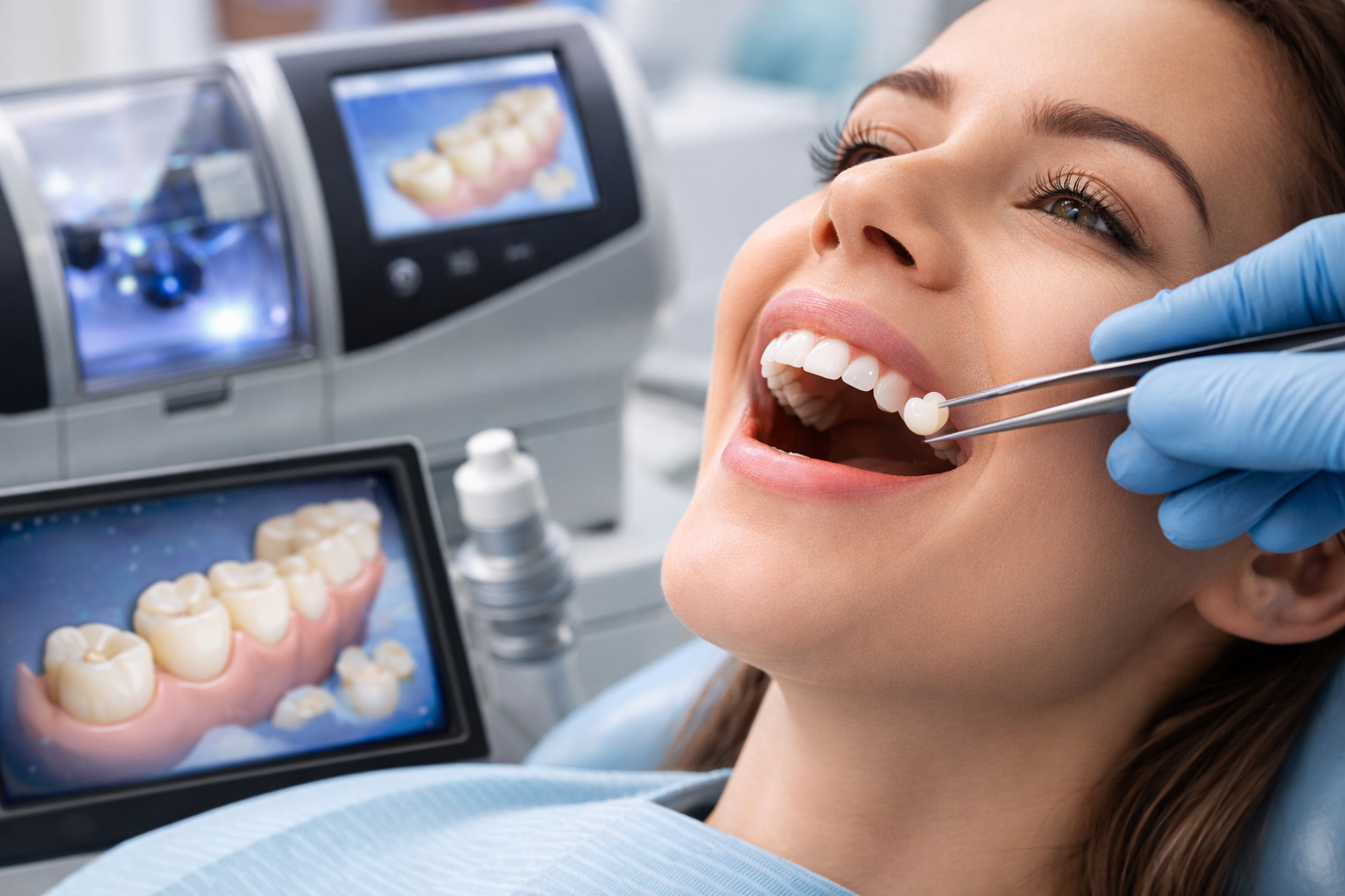 Dentist placing a ceramic same-day dental crown on a patient’s molar using tweezers.