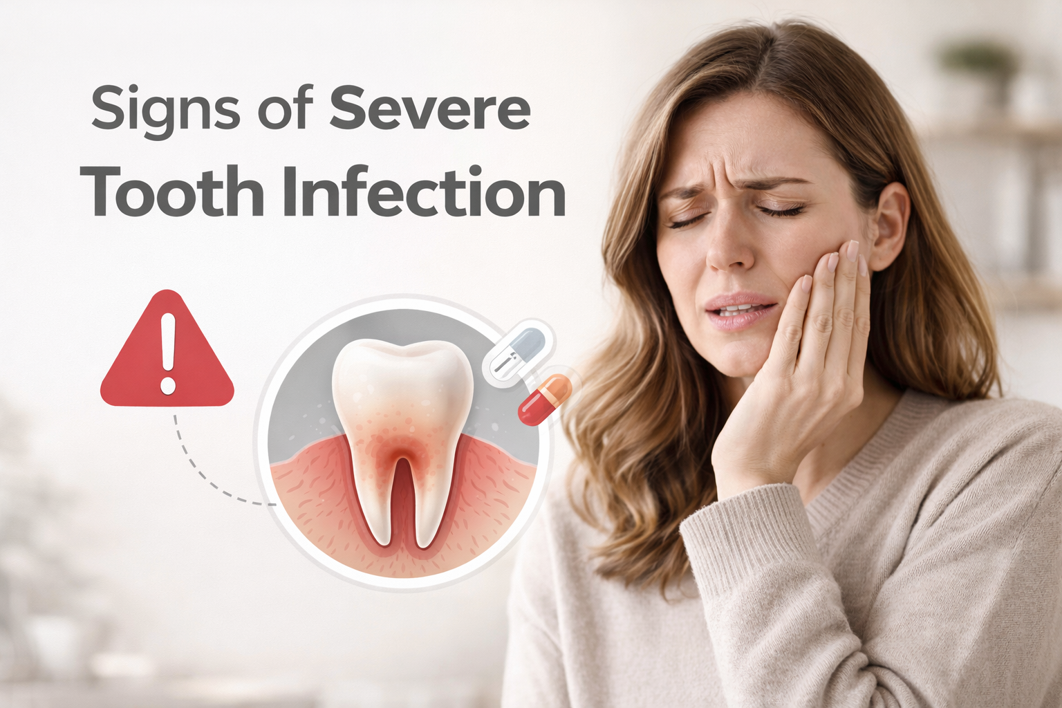 Woman holding her cheek in pain next to illustration of an infected tooth with text “Signs of Severe Tooth Infection” indicating dental infection symptoms.