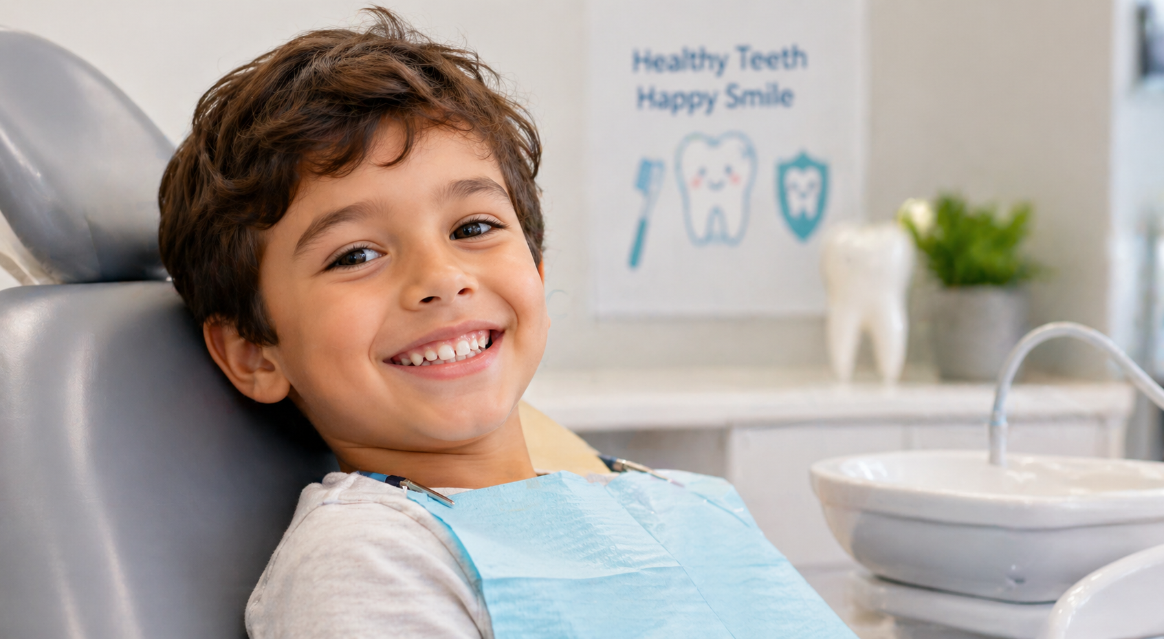 Smiling young child sitting in a dental chair at a bright, clean clinic, conveying a positive and friendly experience of children’s dental care and oral health prevention.