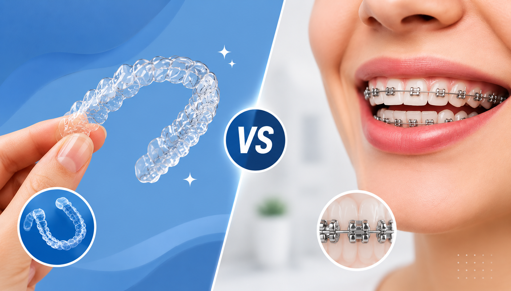 Close-up comparison of clear aligners vs braces, featuring transparent aligner trays on one side and metal braces on a smiling mouth on the other.
